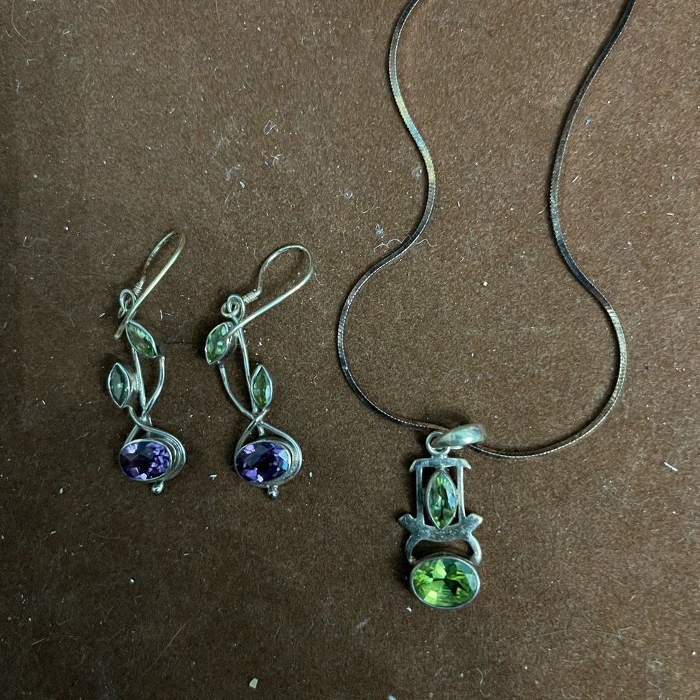 Sterling silver Peridot and amethyst necklace and earrings